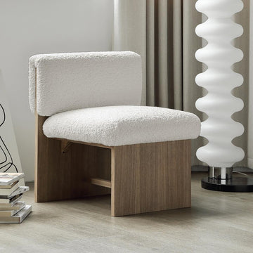 White & Natural Modern Wood Accent Chair Boucle Upholstery for Living Room